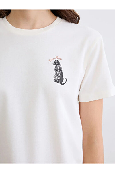 LC Waikiki Γυναικείο T-Shirt με στάμπα Ecru Crew Neck