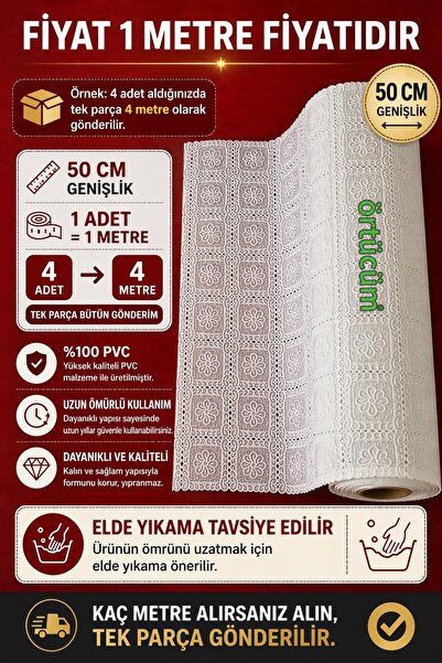 Örtücüm Dantel Desenli PVC Raf Örtüsü 50 cm x 1 mt Kaydırmaz Dolap İçi Buzdol...