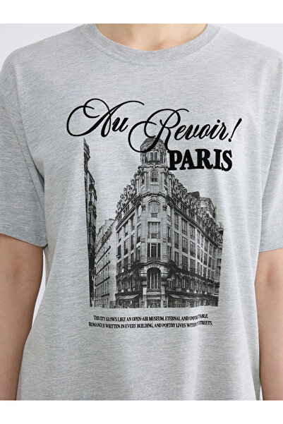 LC Waikiki Γκρι γυναικείο μπλουζάκι με στάμπα Paris Oversize