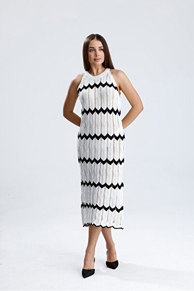 MODASPARK Λευκό Αμάνικο Γυναικείο Πλεκτό Καλοκαιρινό Μίντι Φόρεμα με Λαιμόκοψ...