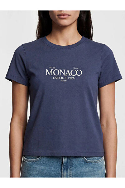 LC Waikiki Γυναικείο μπλουζάκι Navy Blue Crew Neck με στάμπα Monaco