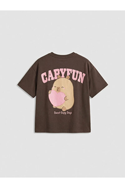 LC Waikiki Tricou și pantaloni de trening maro cu imprimeu Capyfun pentru fete