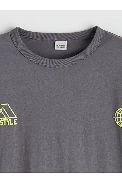 LC Waikiki Γκρι μπλουζάκι με λαιμόκοψη με τύπωμα για αγόρια