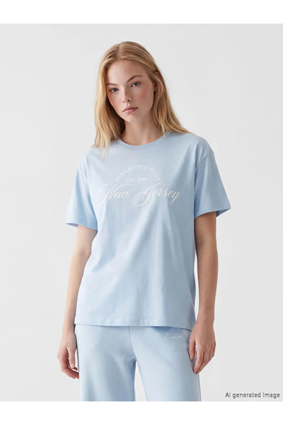 LC Waikiki Γυναικείο μπλουζάκι με στάμπα New Jersey σε μπλε λαιμόκοψη