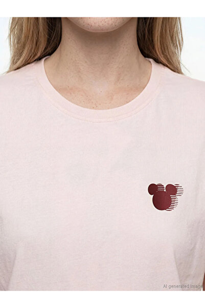 LC Waikiki Ροζ γυναικείο μπλουζάκι με λαιμόκοψη ποδηλάτου και στάμπα Μίκυ Μάους