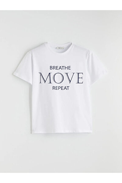 LC Waikiki Γυναικείο αθλητικό μπλουζάκι με λευκό λαιμόκοψη με τύπωμα