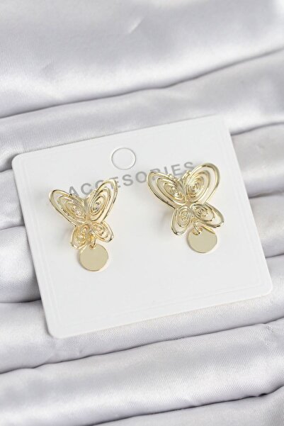 norsary Füsun Earring Model Gold Color Butterfly Model Brass Women's Earrings