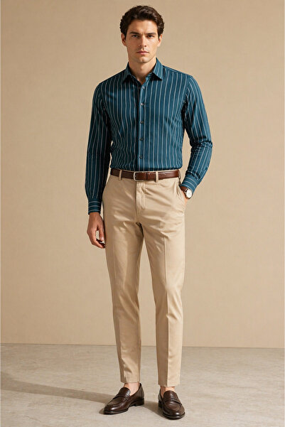 Polo State Ανδρικό πράσινο πουκάμισο με λεπτές ρίγες και μακριά μανίκια