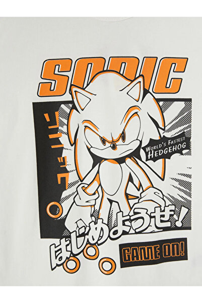 LC Waikiki Λευκό μπλουζάκι για αγόρια με στάμπα Sonic με λαιμόκοψη ποδηλάτου