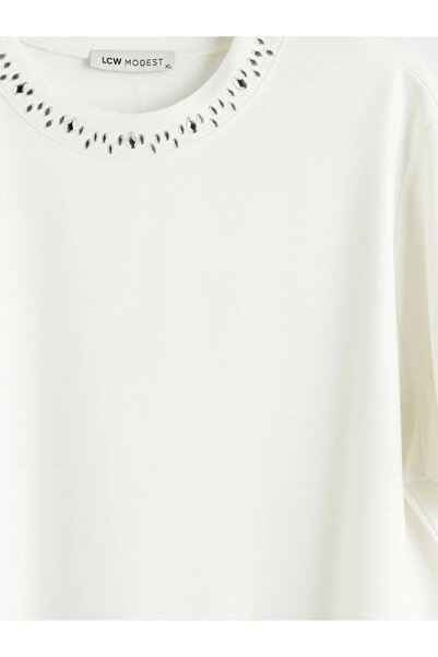 LC Waikiki Λευκό γυναικείο μπλουζάκι με λαιμόκοψη ποδηλάτου και στρας