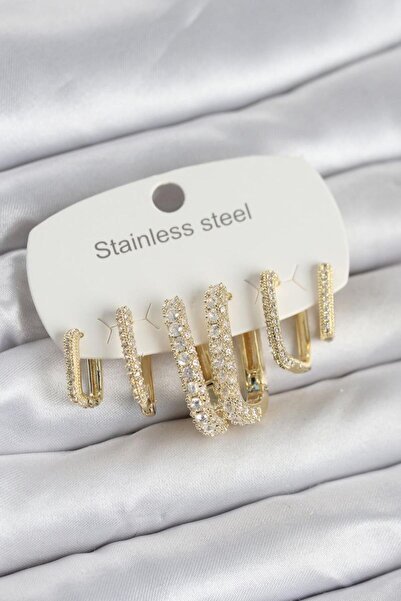 norsary 316L Steel Gold Color Set of 6 Women's Earrings with Zircon Stones