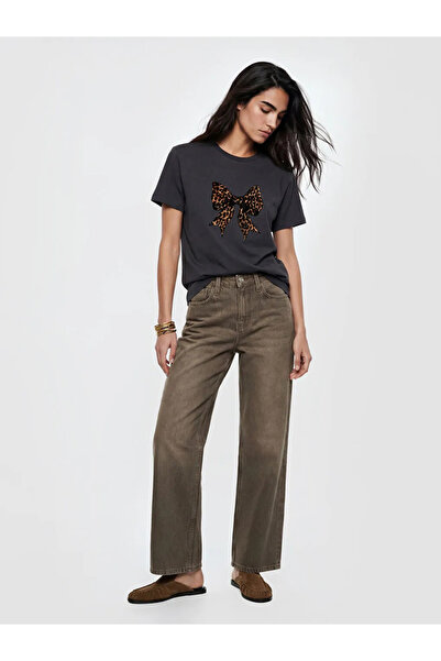 LC Waikiki Μαύρο γυναικείο μπλουζάκι με στάμπα με φιόγκο και λαιμόκοψη ποδηλάτου