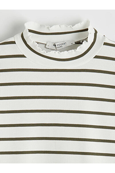 LC Waikiki Πράσινο γυναικείο κορμάκι με βολάν και ριγέ γιακά