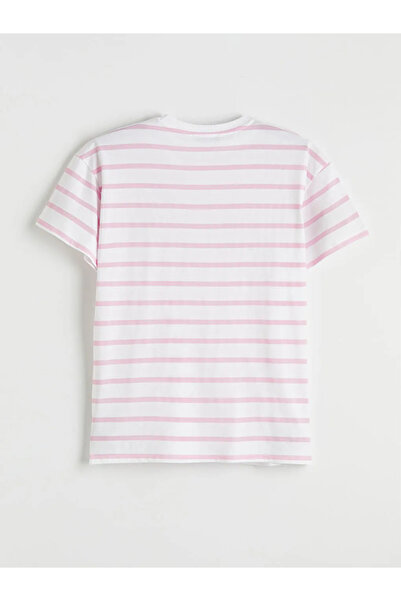 LC Waikiki Ροζ γυναικείο μπλουζάκι με ριγέ λαιμόκοψη