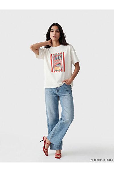 LC Waikiki Γκρι γυναικείο μπλουζάκι με λαιμόκοψη με τύπωμα oversized