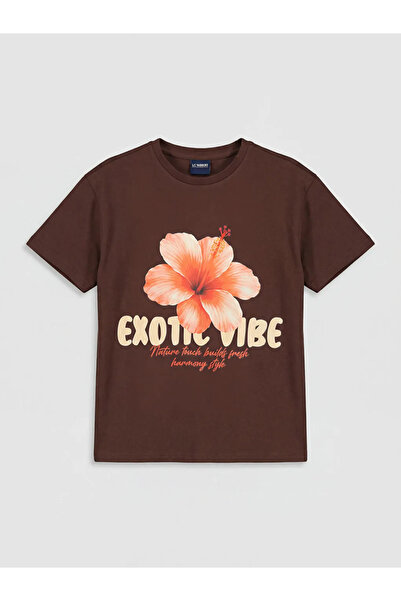 LC Waikiki Καφέ μπλουζάκι για κορίτσια με λουλουδάτο σχέδιο και λαιμόκοψη ποδ...