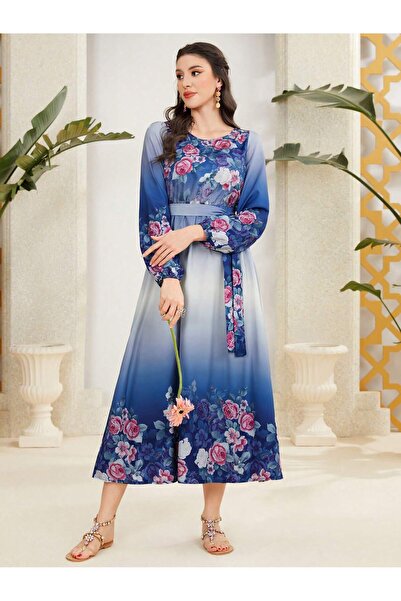 Iuliashop Rochie lungă Valencia albastră cu imprimeu floral multicolor - S