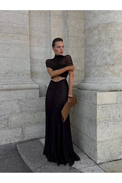 Cool & Sexy Φόρεμα μάξι με λεπτομέρεια ντραπέ και επένδυση από ύφασμα τούλι λ...