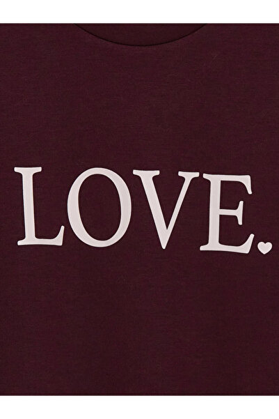 LC Waikiki Γυναικείο μπλουζάκι μπορντό με στάμπα και λαιμόκοψη ποδηλάτου