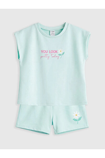 LC Waikiki Μπλουζάκι και σορτς για κορίτσια με τιρκουάζ στάμπα και απαλή υφή