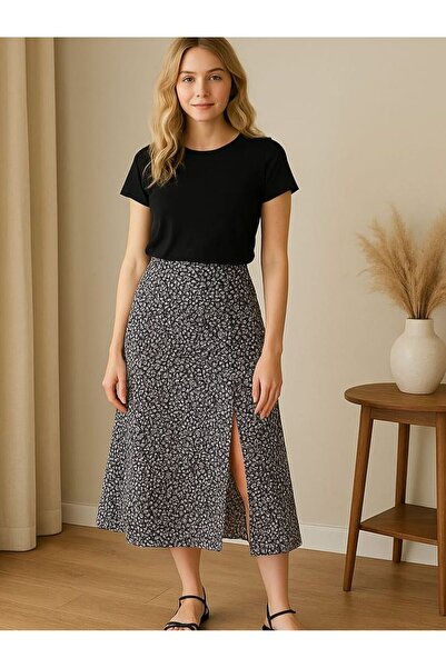 Iuliashop Fustă midi neagră Linda cu imprimeu gri - M