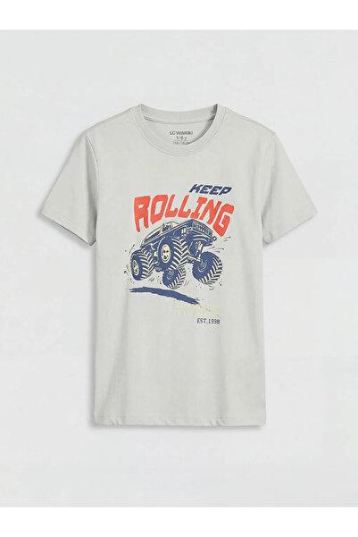 LC Waikiki Γκρι μπλουζάκι με λαιμόκοψη με τύπωμα για αγόρια