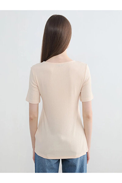 LC Waikiki Ροζ γυναικείο μπλουζάκι με λαιμόκοψη U και ριμπ ύφανση