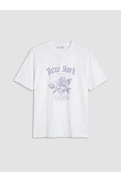 LC Waikiki Λευκό γυναικείο μπλουζάκι με στάμπα Νέας Υόρκης σε μεγάλο μέγεθος