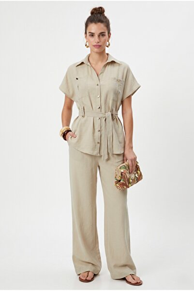 Ritnice Women's Bret Shirt Pants Woven Light Green Bottom Top Set