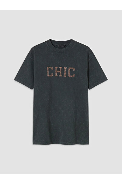 LC Waikiki Γυναικείο μπλουζάκι Anthracite Crew Neck με τύπωμα