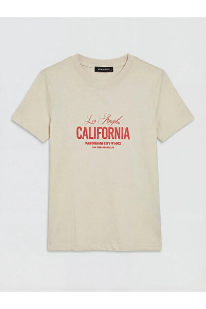 LC Waikiki Ροζ γυναικείο μπλουζάκι με λαιμόκοψη ποδηλάτου και στάμπα Los Angeles