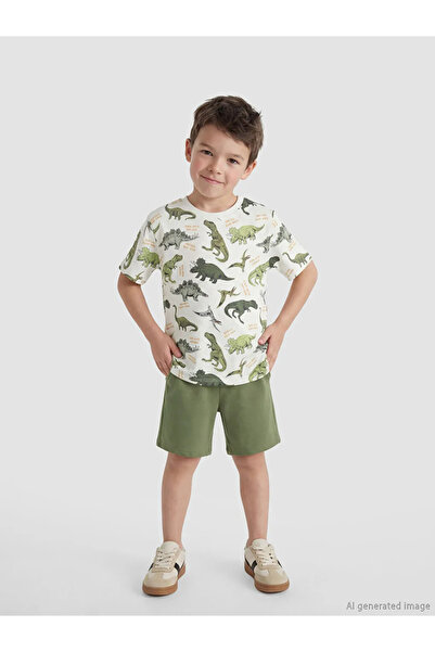 LC Waikiki Μπλουζάκι και σορτς για αγόρια με στάμπα εκρού δεινόσαυρου