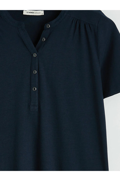 LC Waikiki Γυναικείο μπλουζάκι σε μπλε ναυτικό χρώμα με κορδόνι στο λαιμό