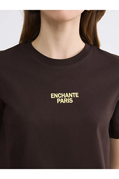 LC Waikiki Καφέ γυναικείο μπλουζάκι με στάμπα Paris Crew Neck