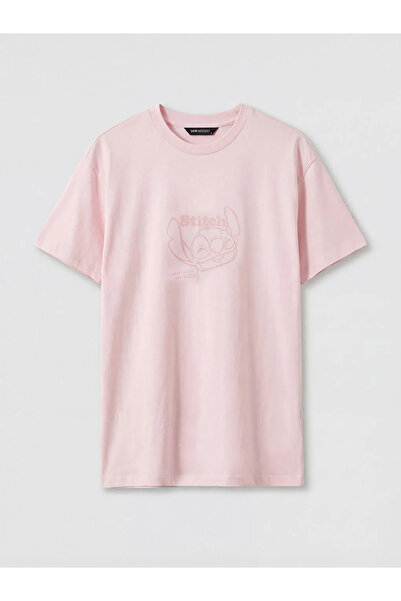 LC Waikiki Ροζ γυναικείο μπλουζάκι με λαιμόκοψη ποδηλάτου με τύπωμα