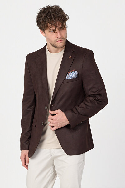 Frappoli Adelfo Men's Brown Suede Slim Fit Mono Collar Sports Blazer Jacket