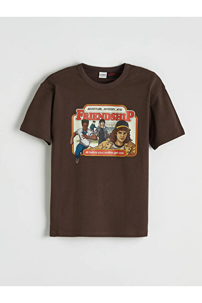 LC Waikiki Καφέ μπλουζάκι για αγόρια με στάμπα Stranger Things και λαιμόκοψη ...