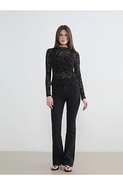 LC Waikiki Μαύρο γυναικείο κορμάκι με ψηλός λαιμός λουλούδια