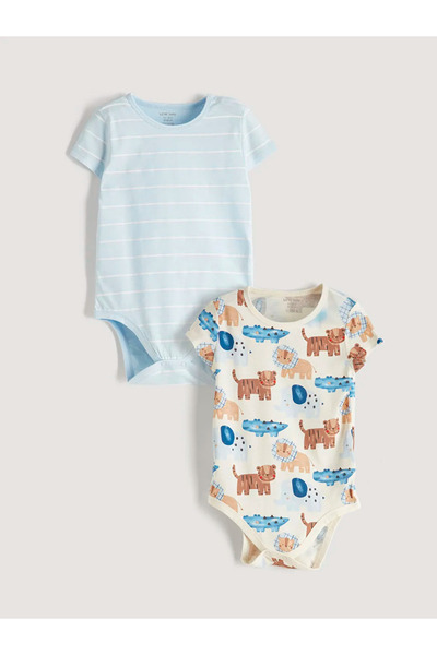 LC Waikiki Ecru Crew Neck Short Sleeve Baby Boy Bodysuit 2-Pack