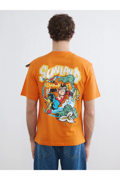 LC Waikiki Πορτοκαλί ανδρικό μπλουζάκι με στάμπα Monkey, στυλ Crew Neck, Nost...