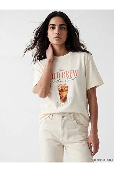 LC Waikiki Ecru Μπλούζα Oversize με Κανονική Λαιμόκοψη και Τυπωμένο Σχέδιο γι...