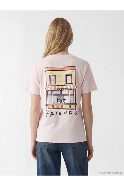 LC Waikiki Γυναικείο μπλουζάκι με στάμπα Pink Bicycle Collar Friends