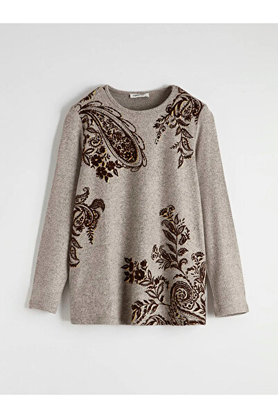 LC Waikiki Γυναικείο μπλουζάκι με μπεζ μοτίβο με λαιμόκοψη