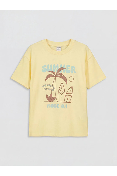 LC Waikiki Κίτρινο μπλουζάκι με λαιμόκοψη με τύπωμα για αγόρια