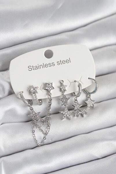norsary 316L Steel Gold Color Set of 6 Star Model Women's Earrings with Chain