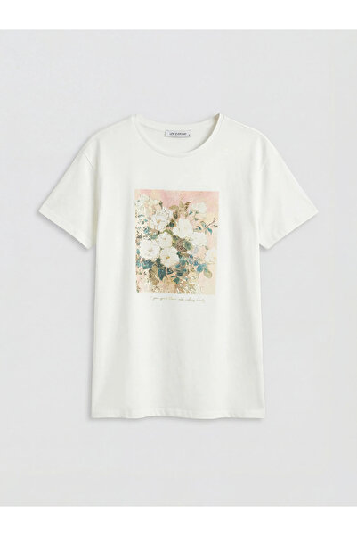 LC Waikiki Λευκό γυναικείο κορμάκι με λουλουδάτο σχέδιο και λαιμόκοψη ποδηλάτου