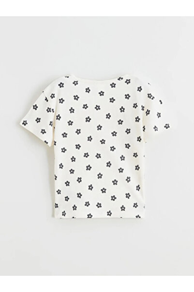 LC Waikiki Tricou pentru fete cu imprimeu și model, decolteu tip crew, ecru
