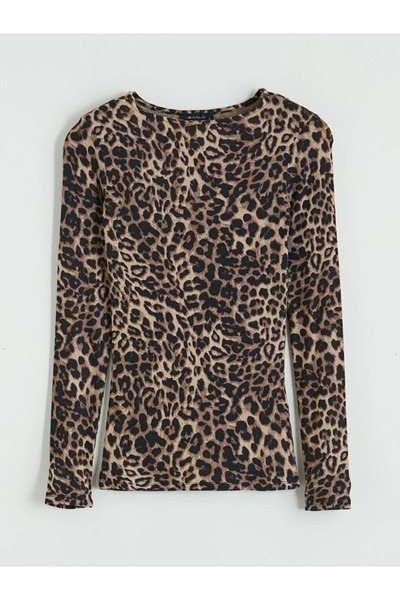 LC Waikiki Καφέ γυναικείο κορμάκι με λεοπάρ σχέδιο και λαιμόκοψη ποδηλάτου