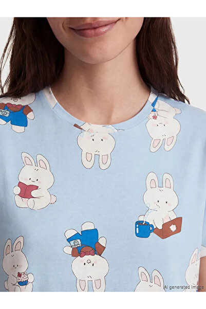 LC Waikiki Γυναικείο νυχτικό με στάμπα σε μπλε χρώμα και λαιμόκοψη ποδηλάτου