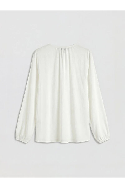 LC Waikiki Λευκή μπλούζα με υφή και γιακά με κορδόνια